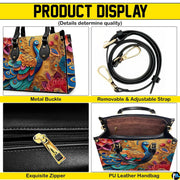 Peacock handbag feature collage with strap, zipper and interior views