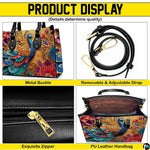 Peacock handbag feature collage with strap, zipper and interior views