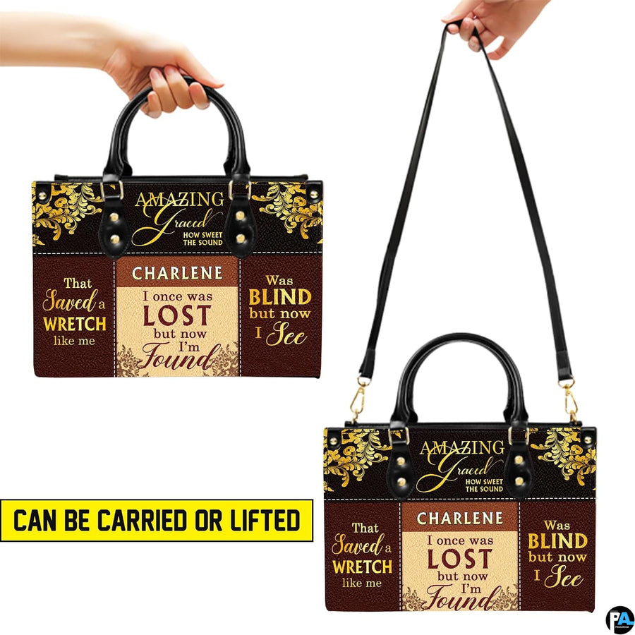 Dual display showing hand carry and shoulder carry styling for hymn handbag