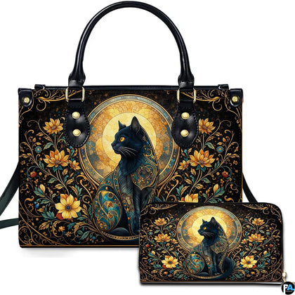 Art Nouveau black cat handbag and wallet set displayed against a white studio background