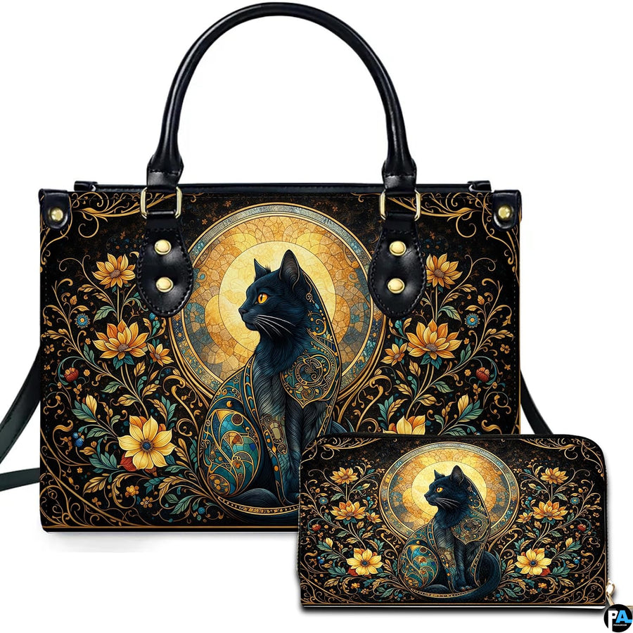 Art Nouveau black cat handbag and wallet set displayed against a white studio background