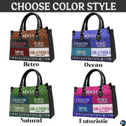 Top-down view of patchwork handbag showing dual handles and interior storage opening.