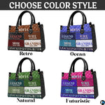 Top-down view of patchwork handbag showing dual handles and interior storage opening.
