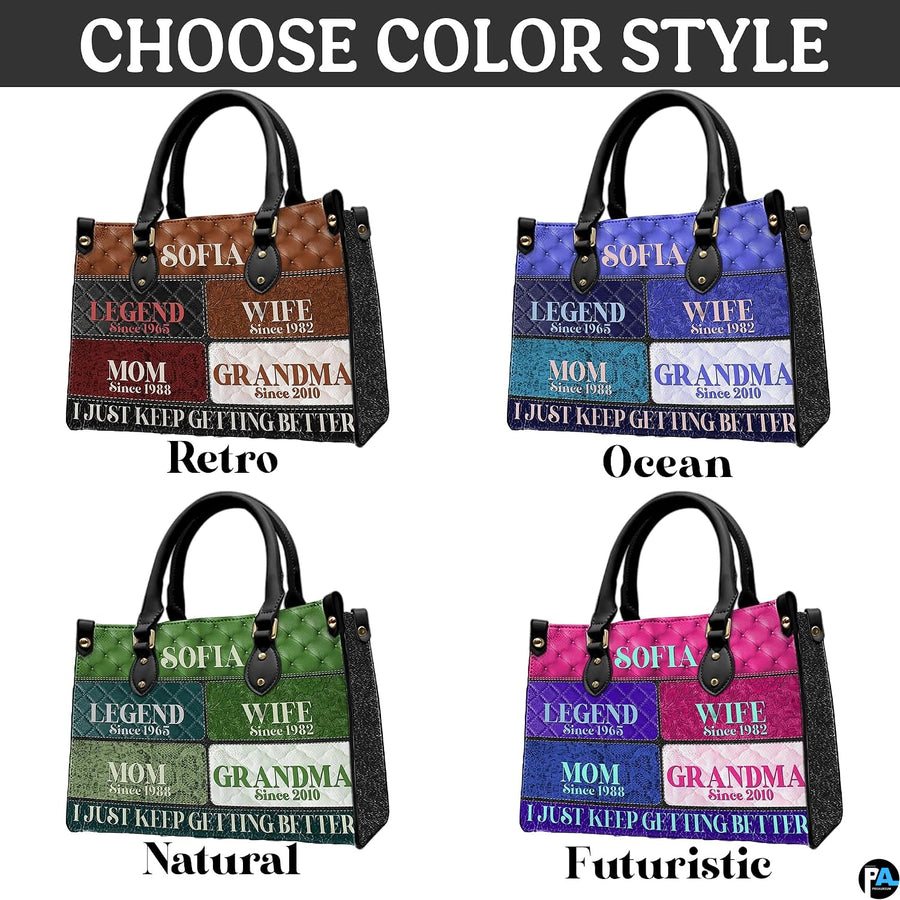 Top-down view of patchwork handbag showing dual handles and interior storage opening.