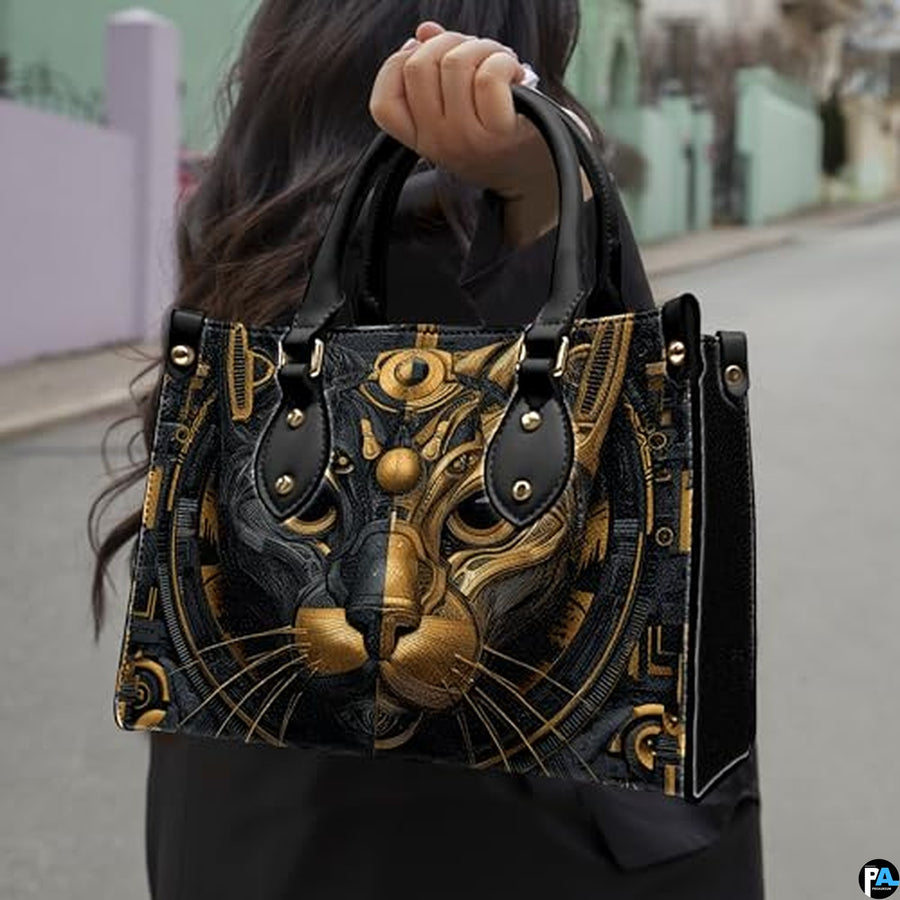 Black Cat Leather Bag – Vintage Cat Art Handbag, Stylish Animal-Themed Purse, Unique Gift for Cat Lovers