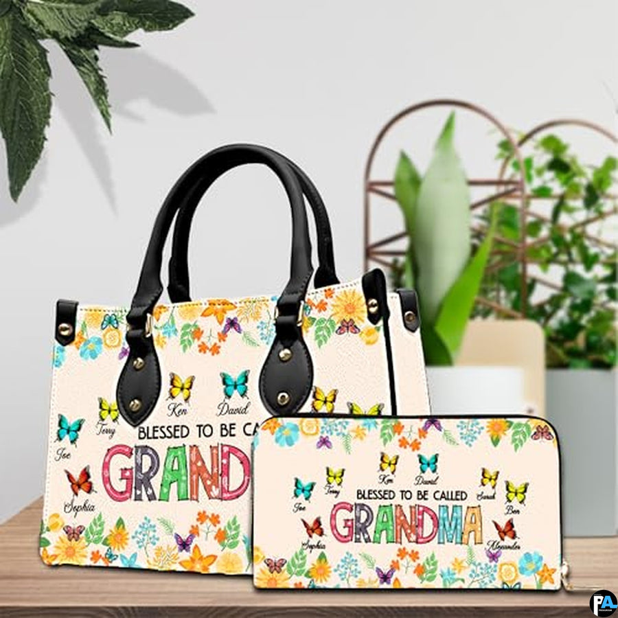 Cream floral butterfly handbag and matching wallet indoors