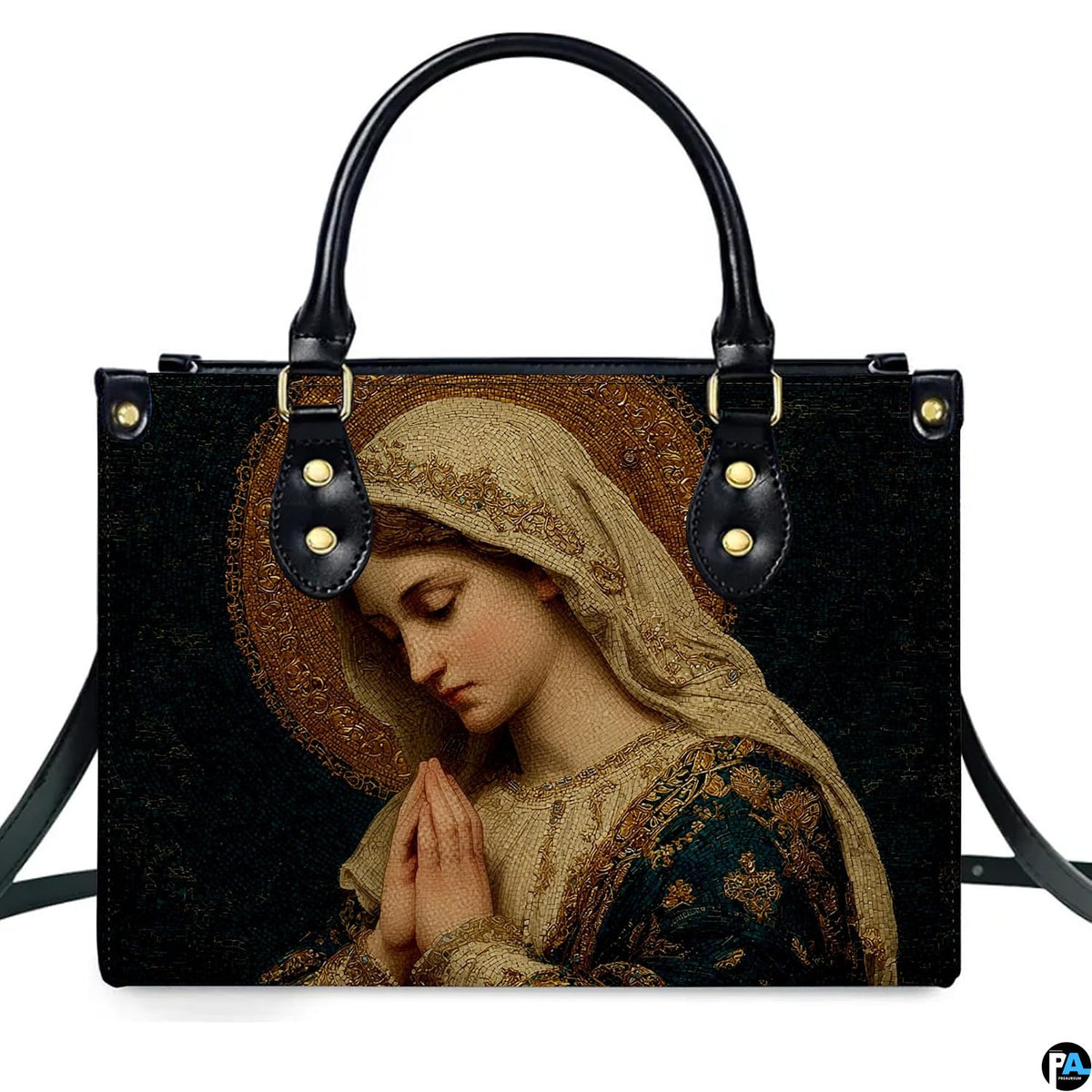 Direct front perspective of handbag showcasing Byzantine micro-mosaic portrait of praying Mary