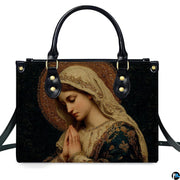 Direct front perspective of handbag showcasing Byzantine micro-mosaic portrait of praying Mary