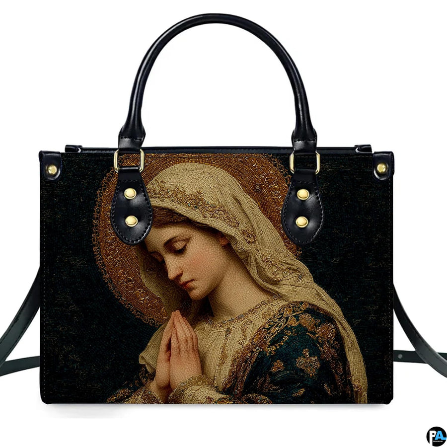 Direct front perspective of handbag showcasing Byzantine micro-mosaic portrait of praying Mary