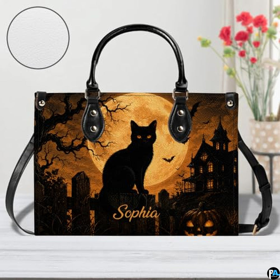 Black Cat Leather Bag – Vintage Cat Art Handbag, Stylish Animal-Themed Purse, Unique Gift for Cat Lovers
