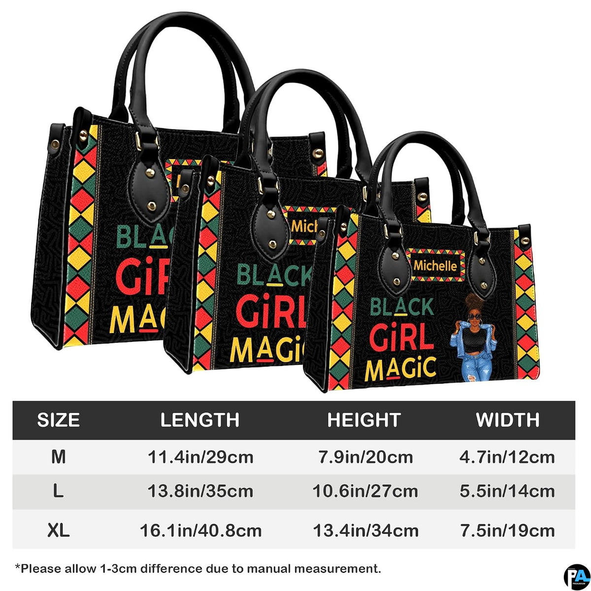 Visual demonstration displaying handheld and shoulder suspension configurations of the afrocentric artwork accessory.