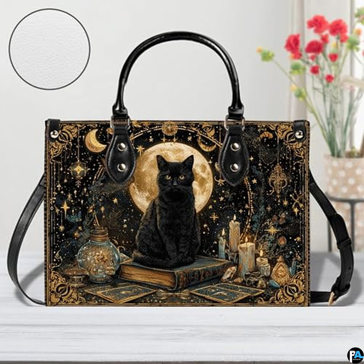 Black Cat Leather Bag – Vintage Cat Art Handbag, Stylish Animal-Themed Purse, Unique Gift for Cat Lovers