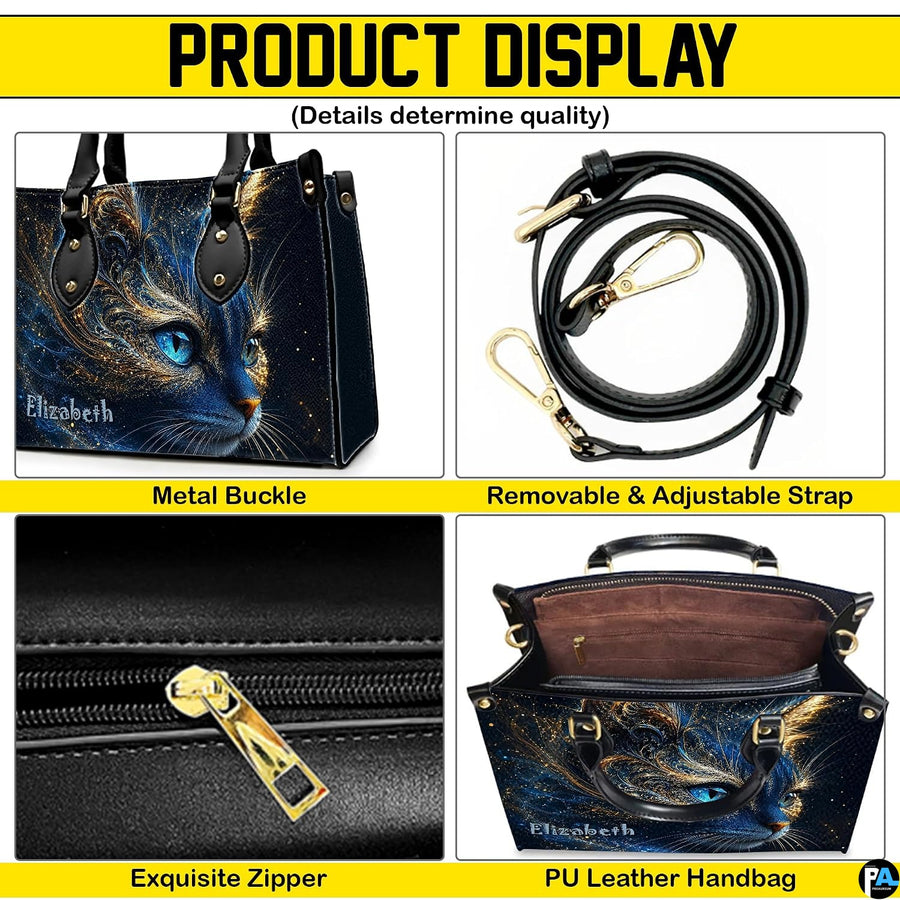 Four panel graphic highlighting closeups of golden filigree flourishes and celestial cat features.