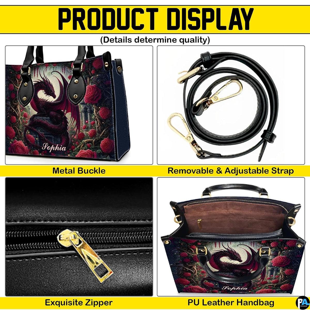 Product display of handbag shoulder strap, buckle hardware, zipper closure, and interior.