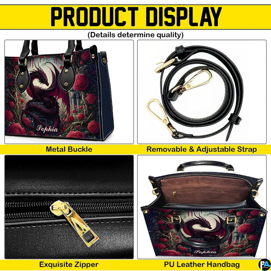 Product display of handbag shoulder strap, buckle hardware, zipper closure, and interior.