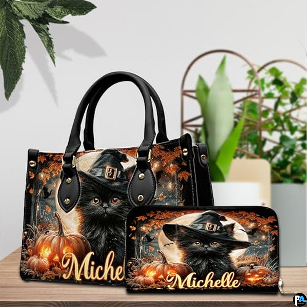Personalized Halloween Leather Handbag – Custom Witch 3D Printing Effect Purses For Women – Spooky Gothic Shoulder Bag