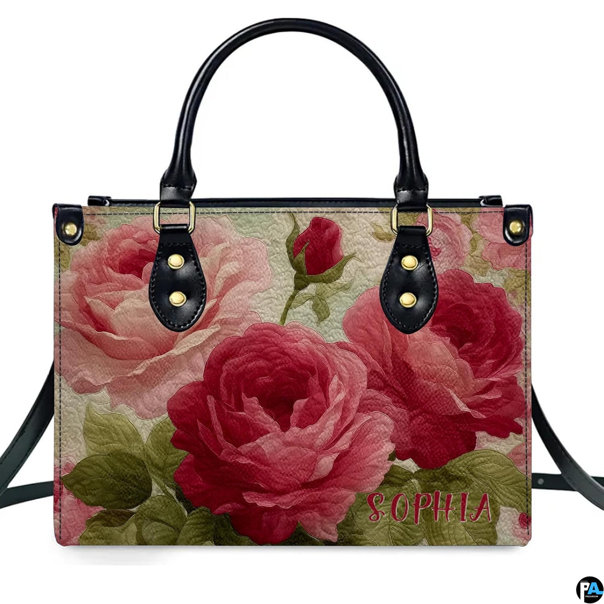 Studio perspective displaying front view of vintage rose art accessory showcasing crimson blossoms.