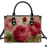 Studio perspective displaying front view of vintage rose art accessory showcasing crimson blossoms.