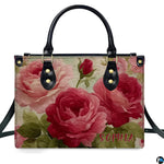 Studio perspective displaying front view of vintage rose art accessory showcasing crimson blossoms.