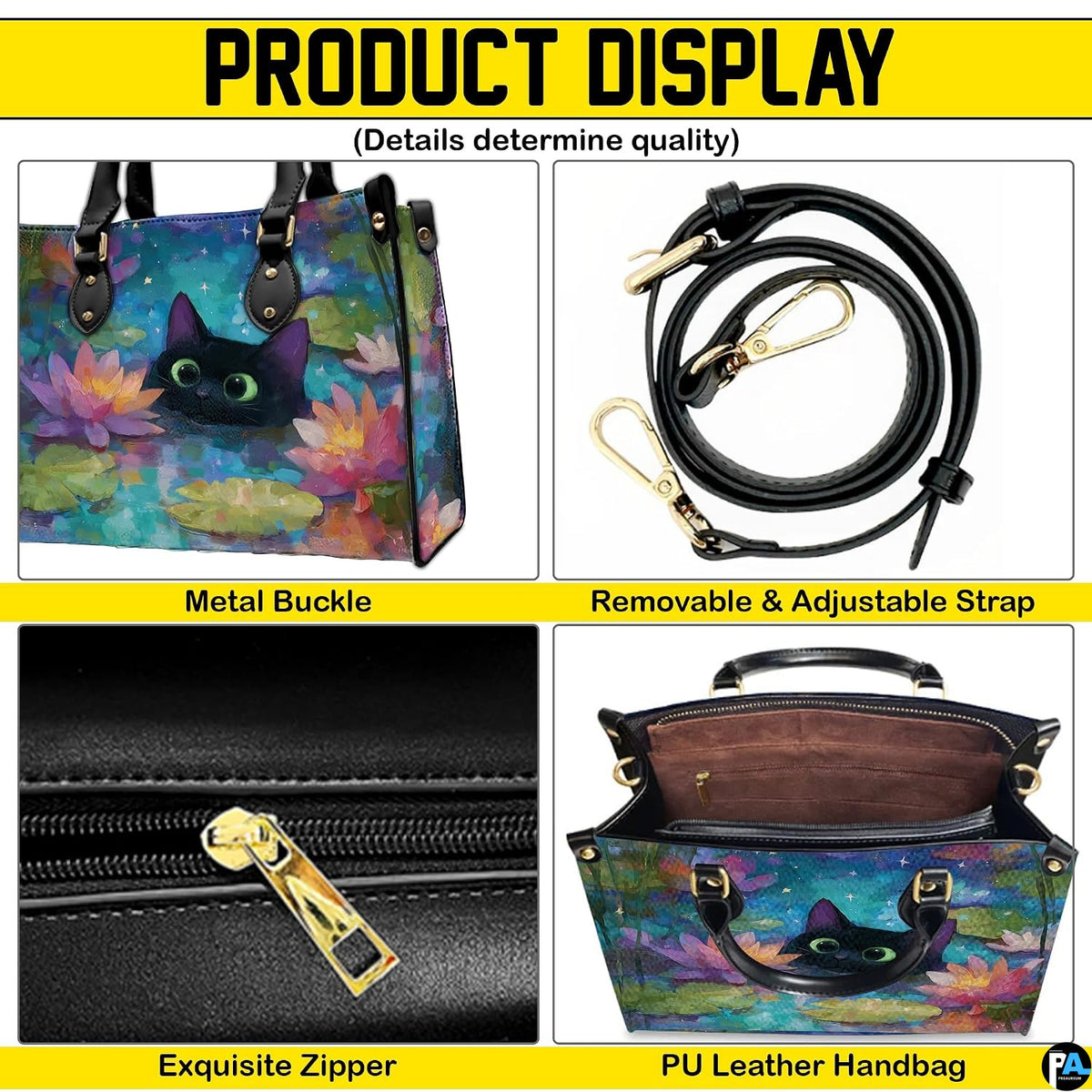 Four-panel layout presenting close-up visual accents of the black cat water lily art.