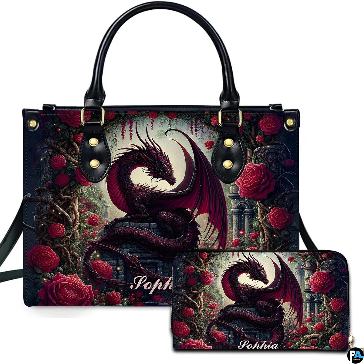 Studio front view of handbag and matching wallet with crimson dragon and red rose garden artwork.