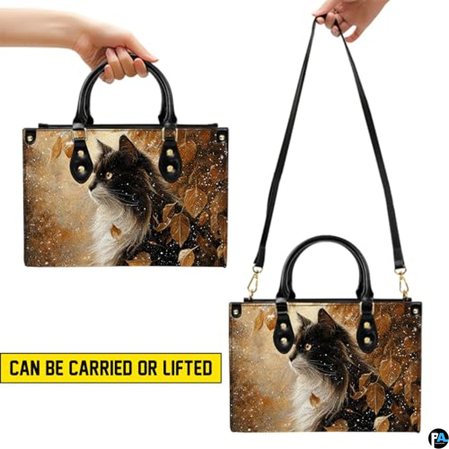 Black Cat Leather Bag – Vintage Cat Art Handbag, Stylish Animal-Themed Purse, Unique Gift for Cat Lovers