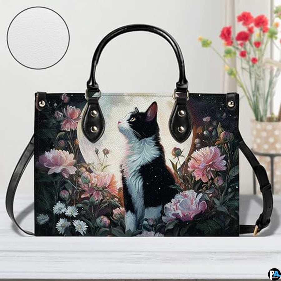 Black Cat Leather Bag – Vintage Cat Art Handbag, Stylish Animal-Themed Purse, Unique Gift for Cat Lovers