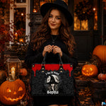 Lifestyle portrait presenting gothic sorceress artwork on an autumn porch with carved pumpkins.
