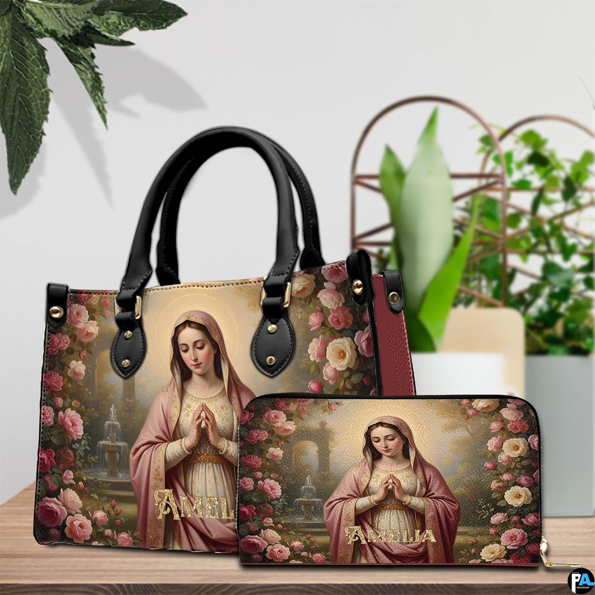 Side profile view of praying Madonna garden handbag
