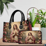 Side profile view of praying Madonna garden handbag