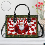 Festive holiday handbag shown against a floral background with circular texture detail inset.