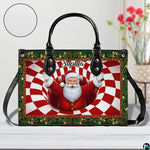Festive holiday handbag shown against a floral background with circular texture detail inset.