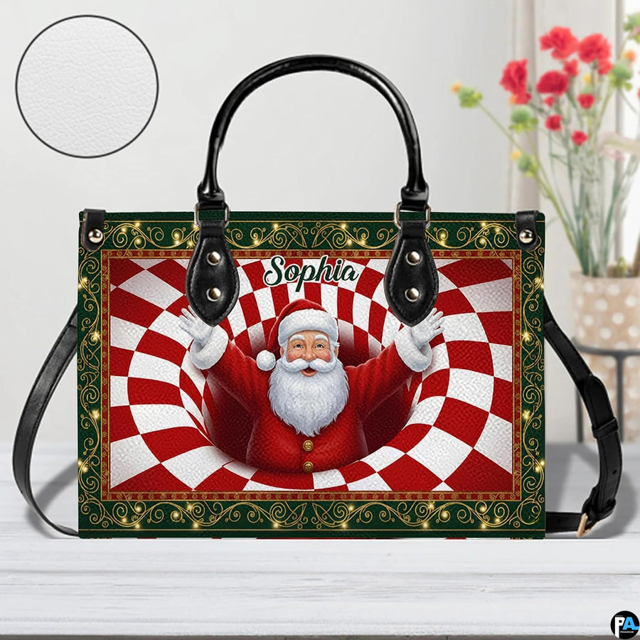 Festive holiday handbag shown against a floral background with circular texture detail inset.