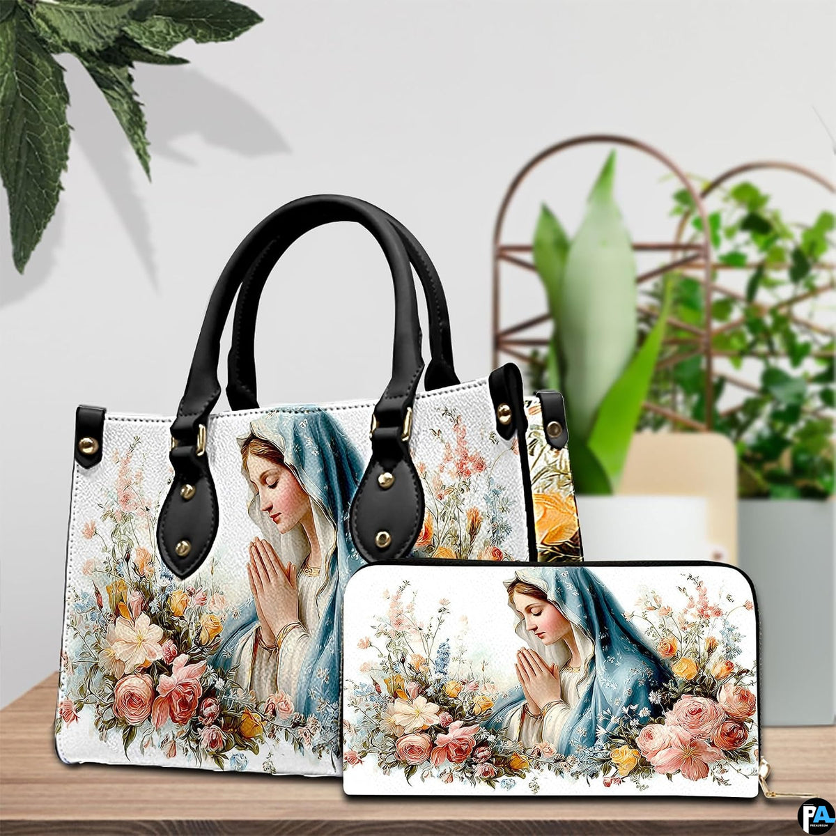 Outdoor lifestyle view of model carrying white botanical madonna handbag along a paved street.
