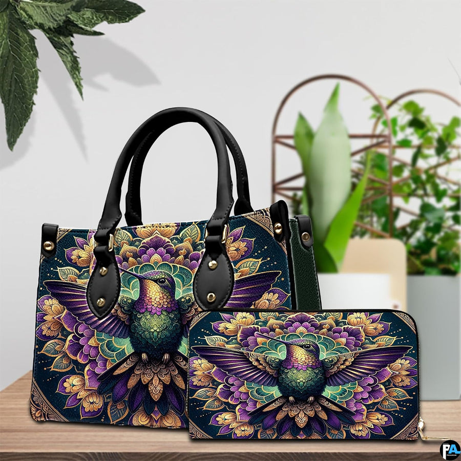 Handbag and matching wallet set displayed together on wooden table beside a green houseplant.