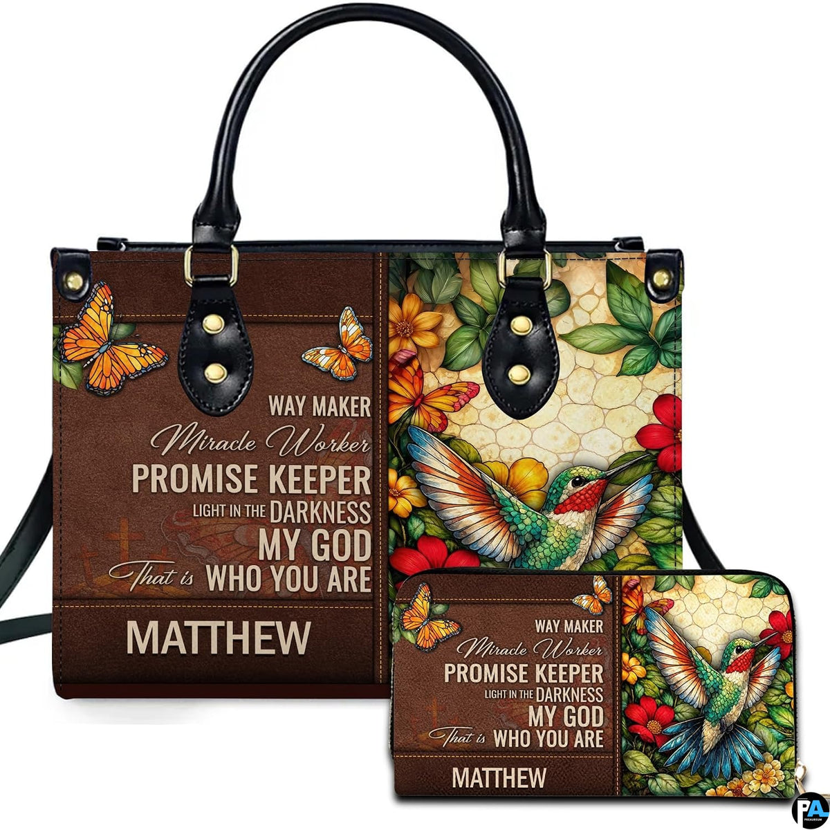 Front view of accessory set featuring split rustic brown hymn panel with butterflies and colorful hummingbird art