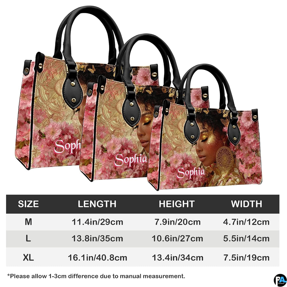 Product sizing graphic illustrating M, L, and XL dimensions for this botanical portrait accessory.