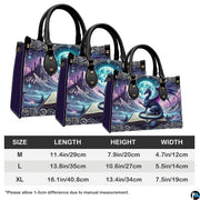 Measurement specification graphic illustrating medium, large, and extra-large handbag dimensions.