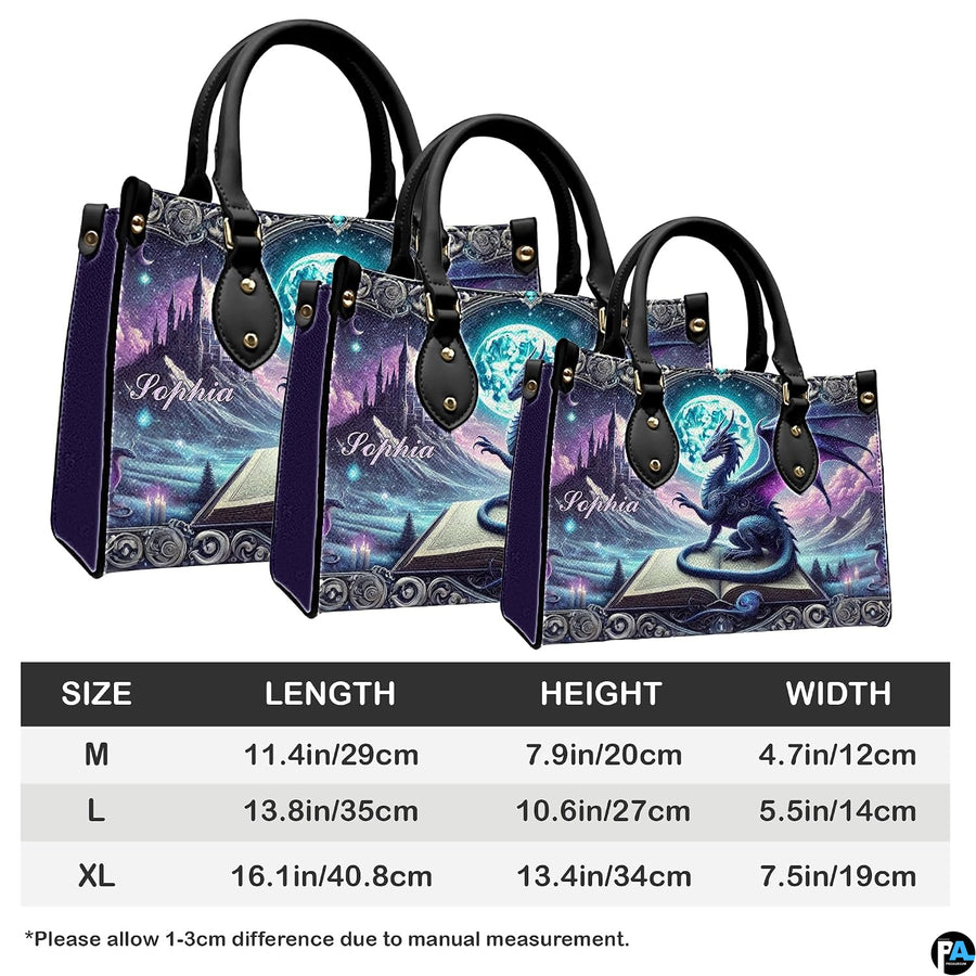 Measurement specification graphic illustrating medium, large, and extra-large handbag dimensions.