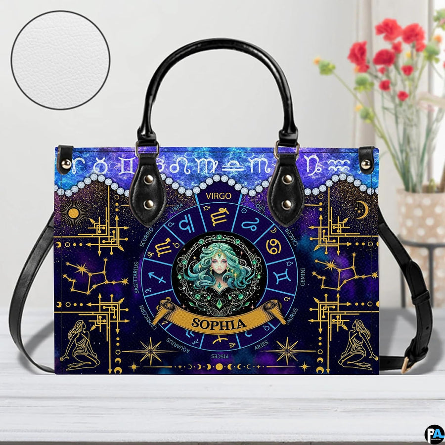 Celestial Maiden Satchel Handbag resting on white surface beside floral vase with circular texture inset.