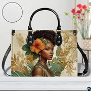 Front view of tropical portrait artwork on white wooden surface featuring round texture swatch.