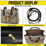 Interior compartment view of bee handbag showing inner lining and organization.