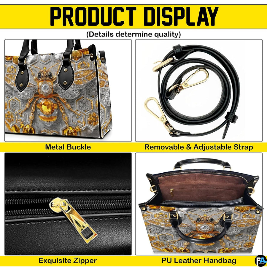 Interior compartment view of bee handbag showing inner lining and organization.