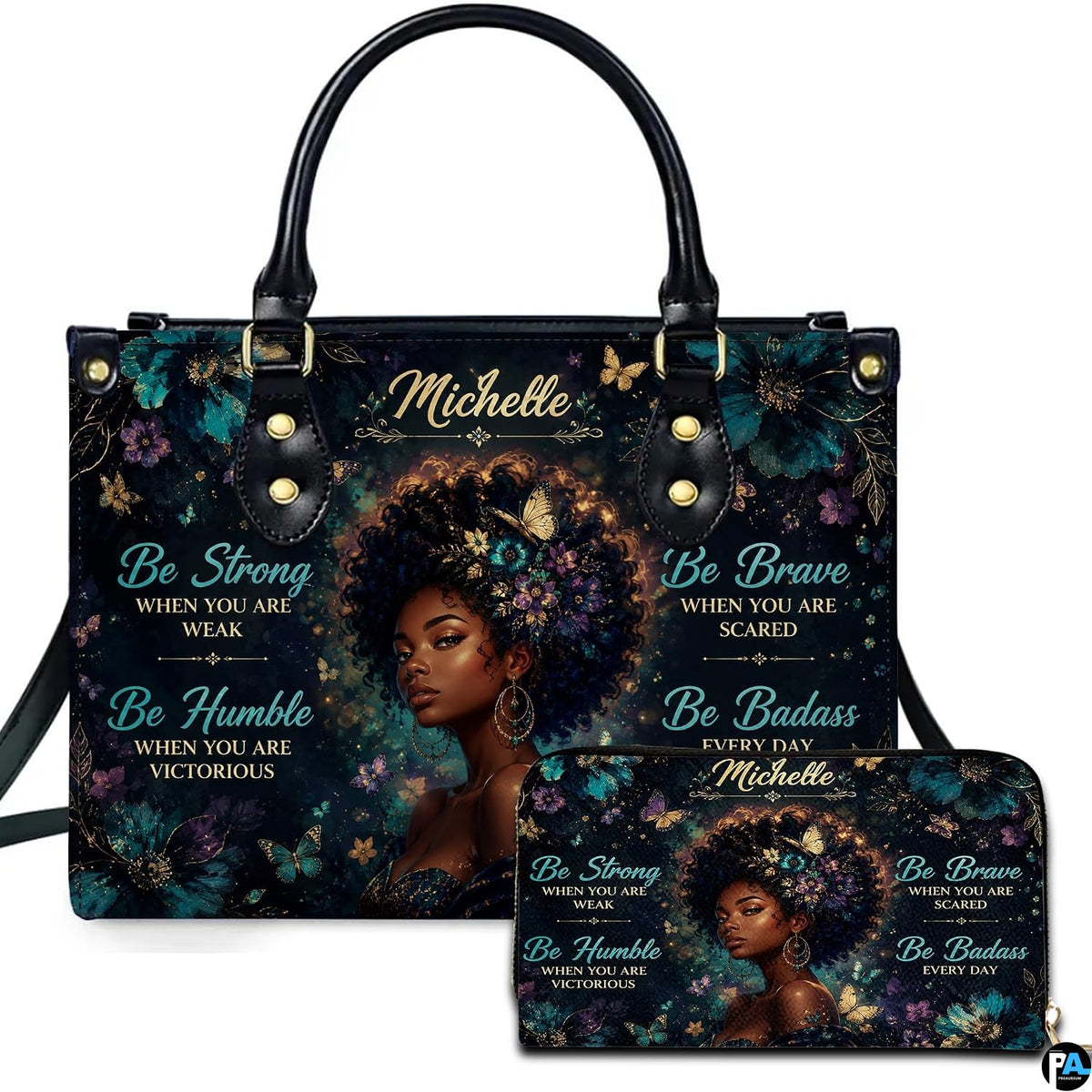Teal butterfly portrait handbag and matching wallet with floral afro