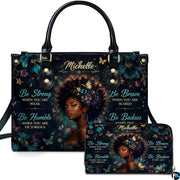 Teal butterfly portrait handbag and matching wallet with floral afro