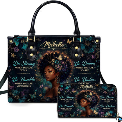 Teal butterfly portrait handbag and matching wallet with floral afro