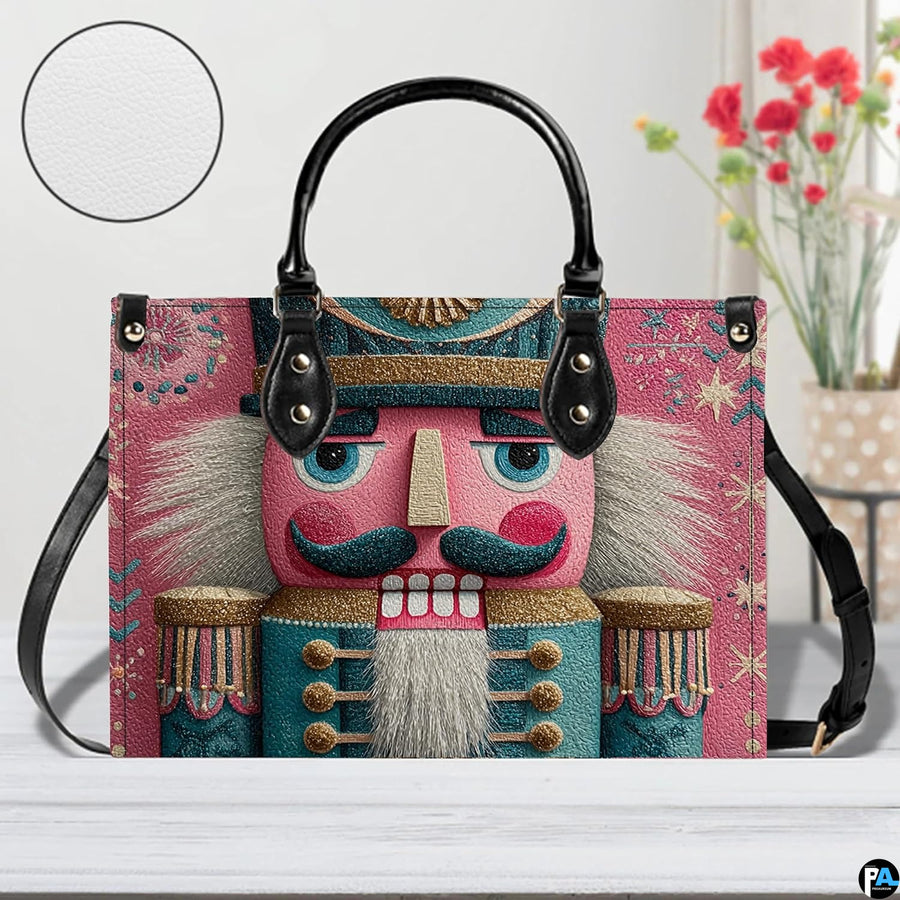 Artistic Nutcracker soldier illustration with surface texture inset against a floral background