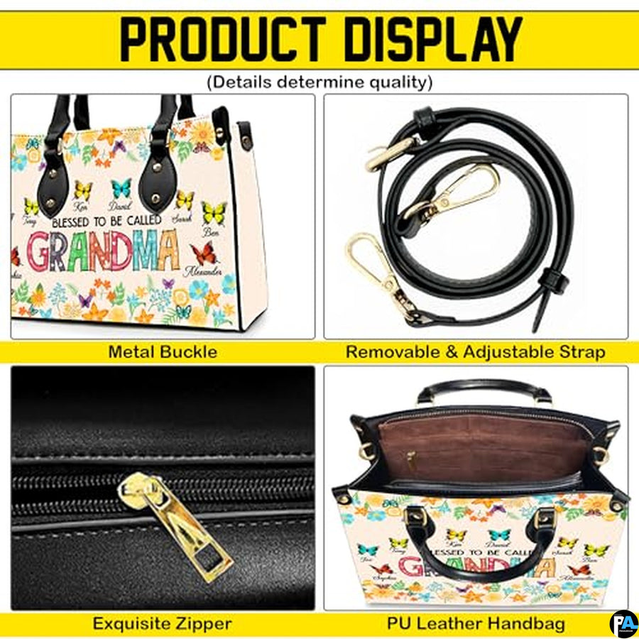Mothers Day Gift Leather Bag- Personalized Grandmas Purse With Grandkids Names, Grandma Handbag Birthday Gifts For Mom Women