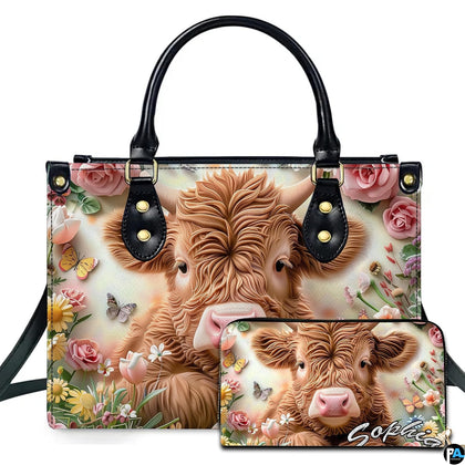 Front presentation featuring a fluffy baby Highland cow surrounded by pastel roses, wildflowers, and butterflies