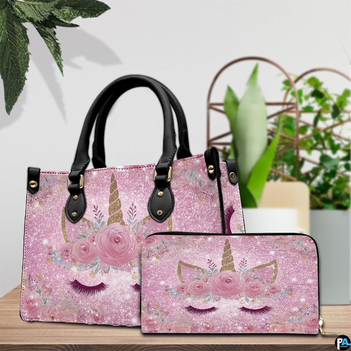 Side profile view showing structured shape and carrying handles of the unicorn handbag.